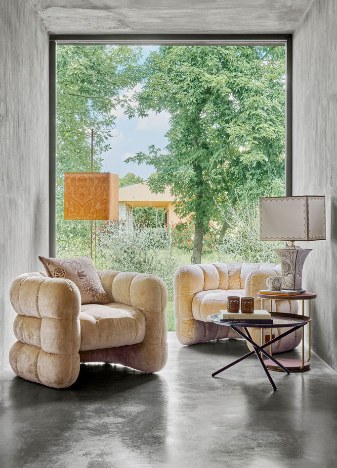 Quiltana armchair designed by Luca Tornaghi for Etro Home, upholstered armchair with quilted block geometry and soft sculptural volume