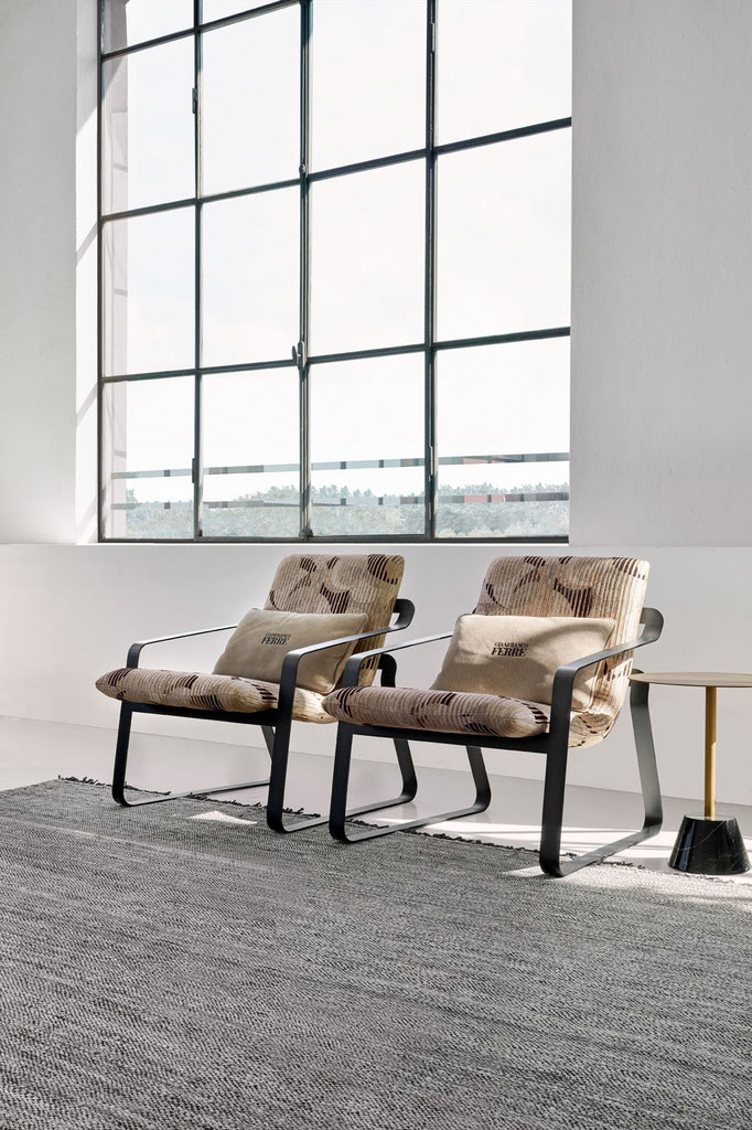 Wall Street armchair designed by Luca Tornaghi for Gianfranco Ferré Home, upholstered lounge armchair with leather belt detail