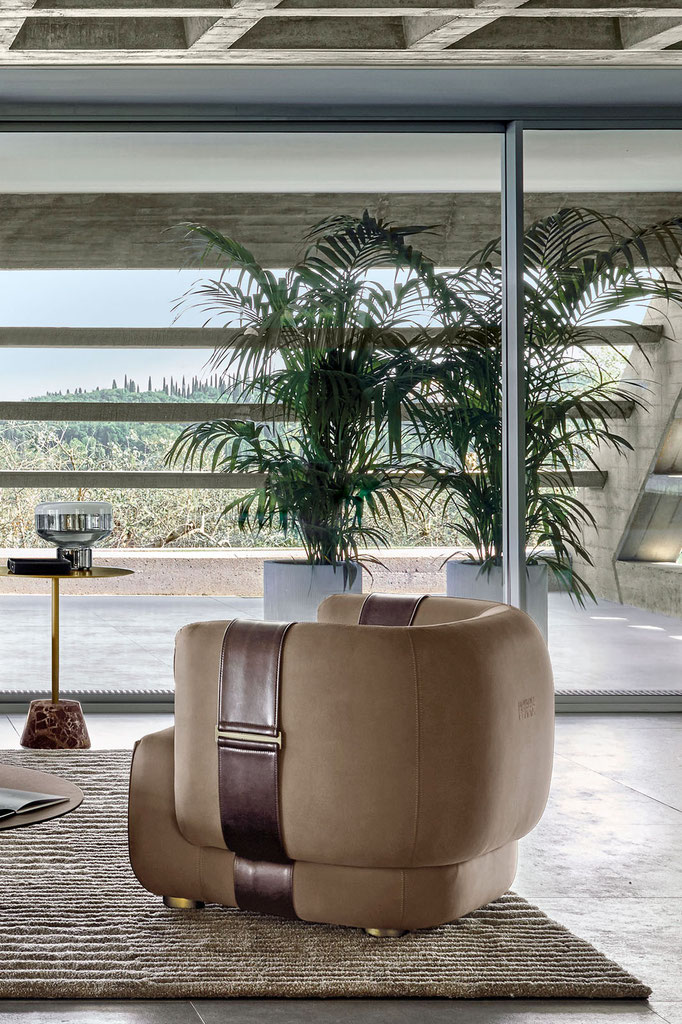 Zurich armchair designed by Luca Tornaghi for Gianfranco Ferré Home, upholstered lounge armchair with rounded enveloping seat