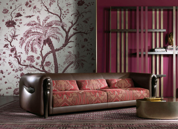 Corinto sofa designed by Luca Tornaghi for Etro Home, upholstered sofa with rounded armrests and integrated paisley textile cushions
