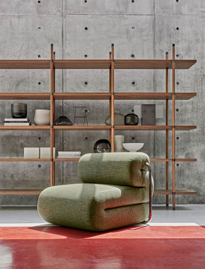 Kamppi armchair designed by Luca Tornaghi for Gianfranco Ferré Home, compact upholstered lounge armchair with cylindrical backrest