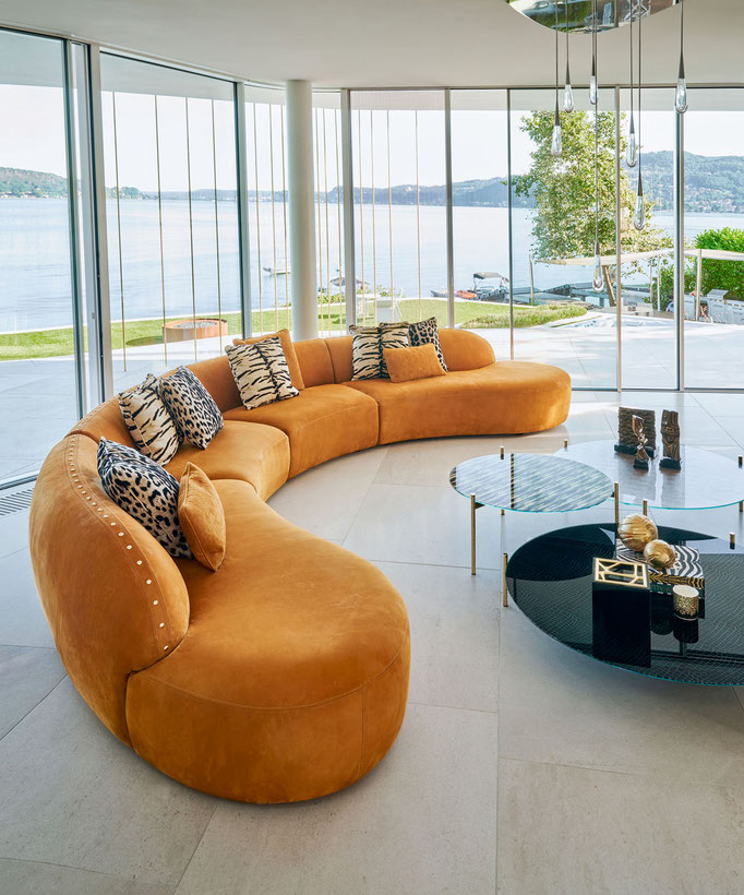 Elobay sectional sofa designed by Luca Tornaghi for Roberto Cavalli Home, curved modular sofa designed for flexible panoramic living layouts