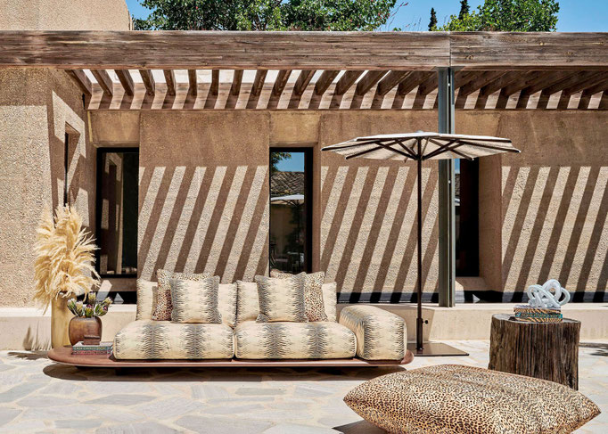 Moremi sofa designed by Luca Tornaghi for Roberto Cavalli Home, outdoor sofa with solid wood base and modular upholstered cushions