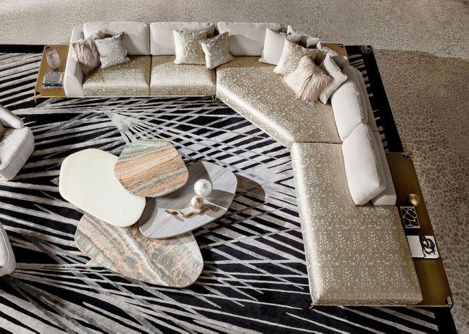 Viktoria sectional sofa designed by Luca Tornaghi for Roberto Cavalli Home, modular sofa with faceted seating geometry and integrated side platforms