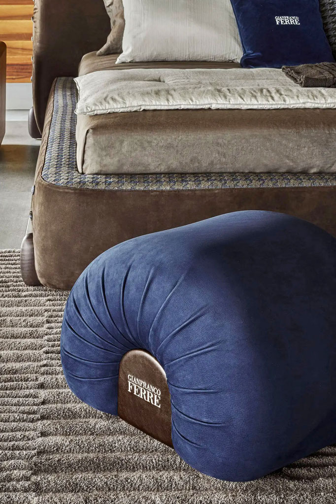 Basel pouf designed by Luca Tornaghi for Gianfranco Ferré Home, upholstered pouf with radial stitching and compact cylindrical volume