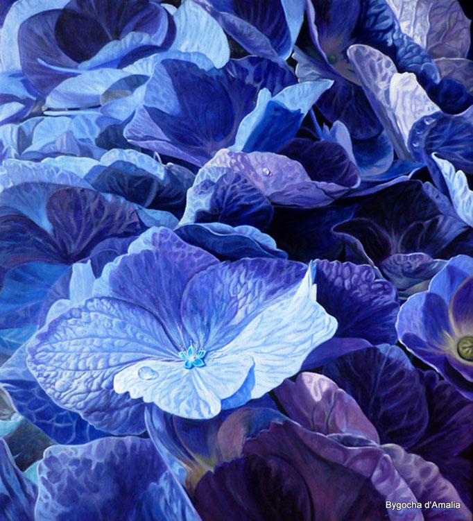 Blauwe hortensias, Acrylverf op linnen, 110cm x 100cm,  2010. VERKOCHT