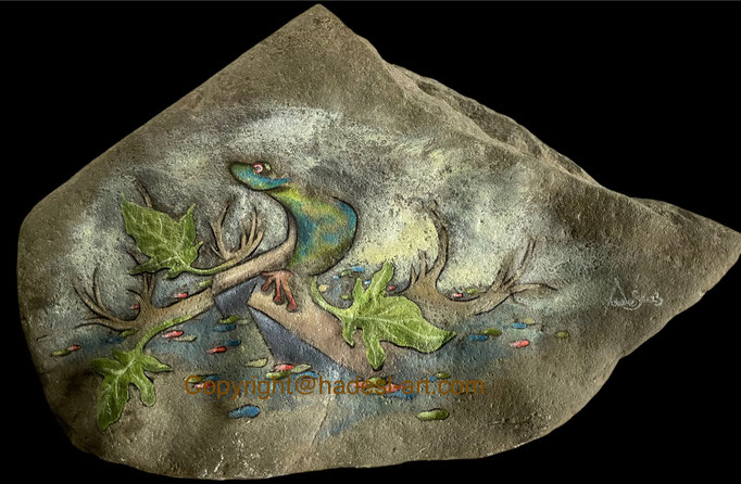 "Froschteich"...Ölfarbe auf Stein 2023 (24x38 cm)