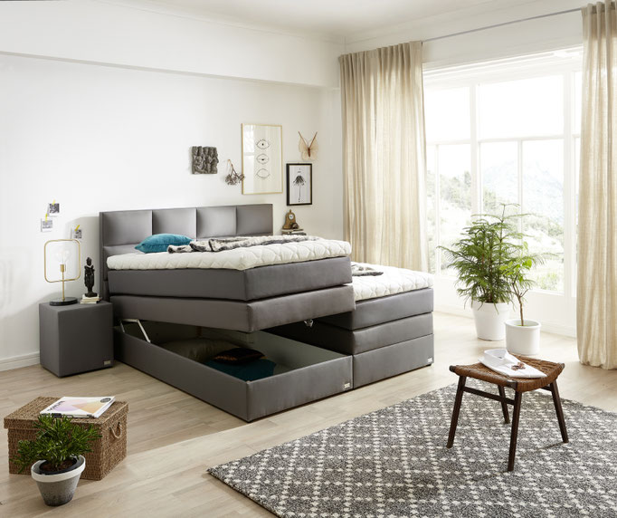 Boxspringbett 180x200 mit Design Kopfteil in grau