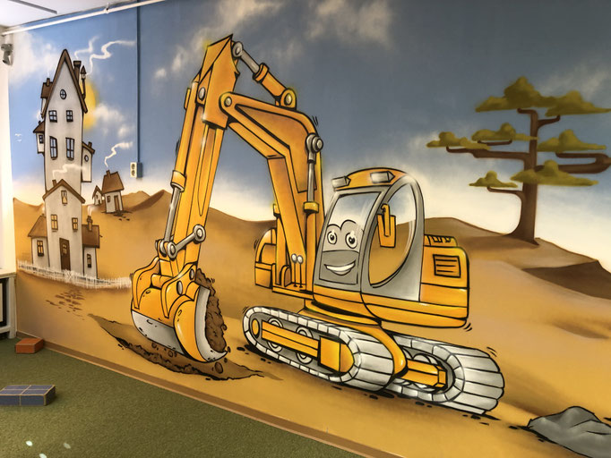 3D-Wandmalerei mit Bagger und Haus – fotorealistische Illusionsmalerei von Appolloart