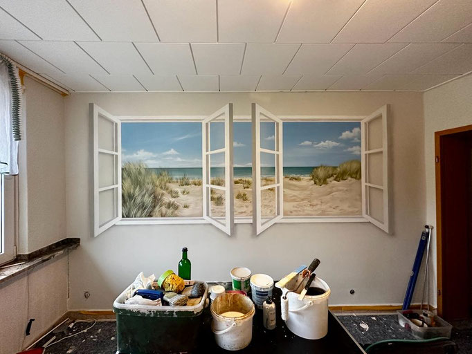 Malerin und Maler malen Wassertropfen im Geschäftsführer Zimmer und Konferenzraum / Sprühdosen Kunst / Wasser / Airbrush