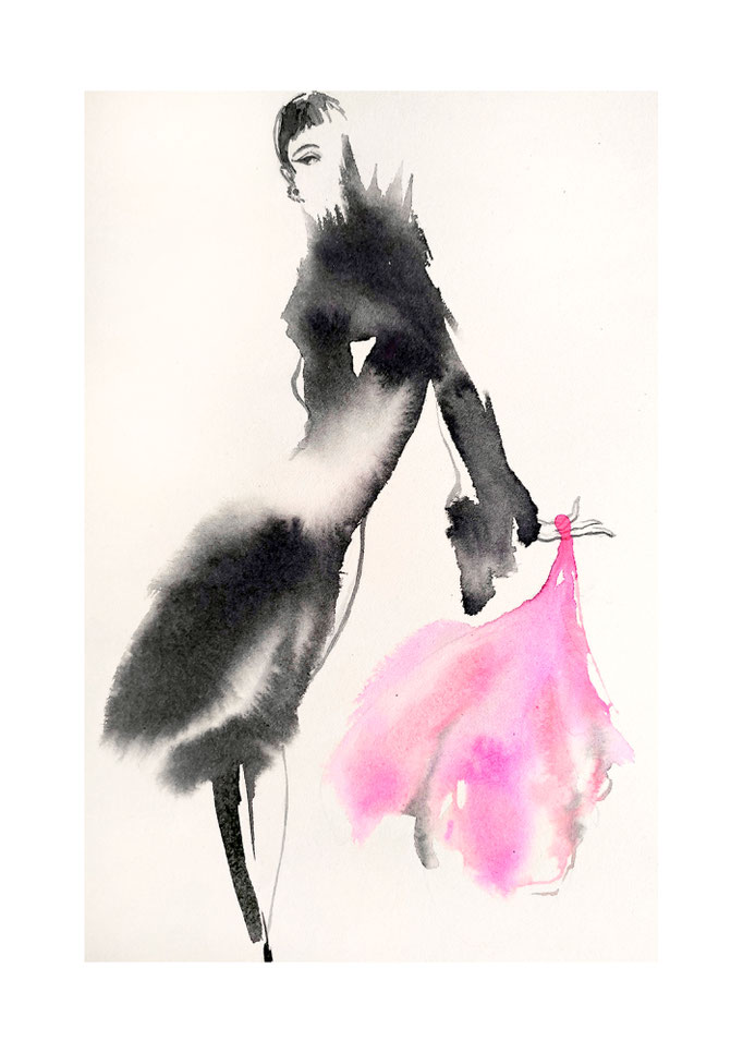 Fashion Illustration - schwarze Tintenfarbe verlaufend im Wasser mit Akzentfarbe