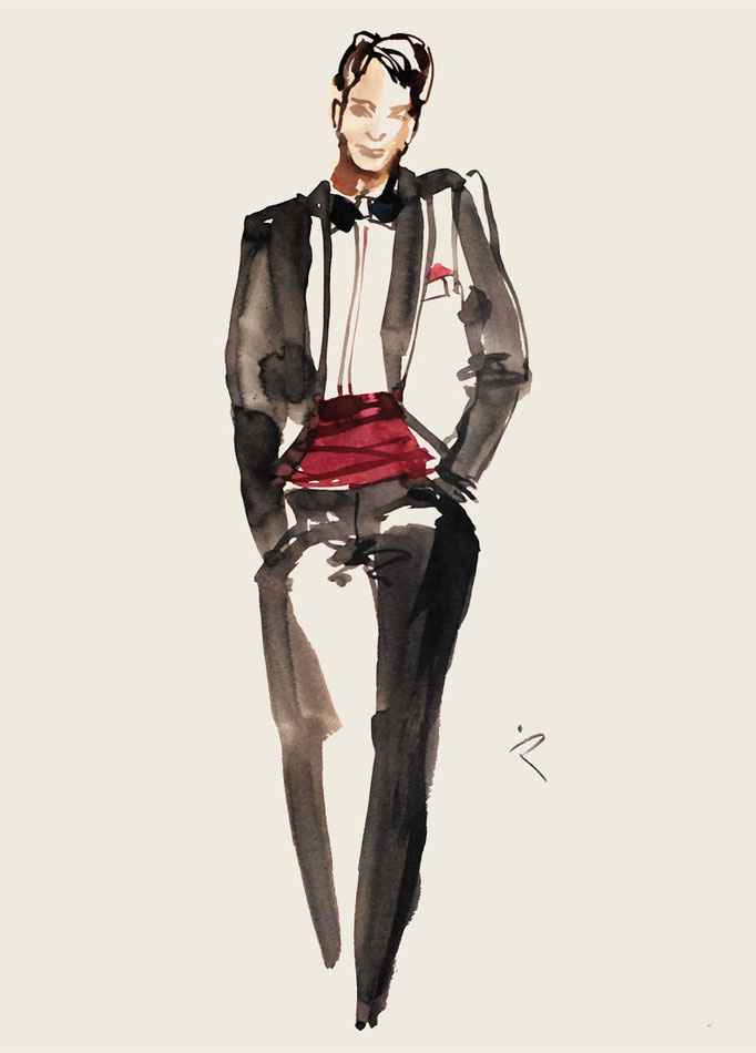 Junger Mann in perfektem Black Tie Outfit mit roter Schärpe