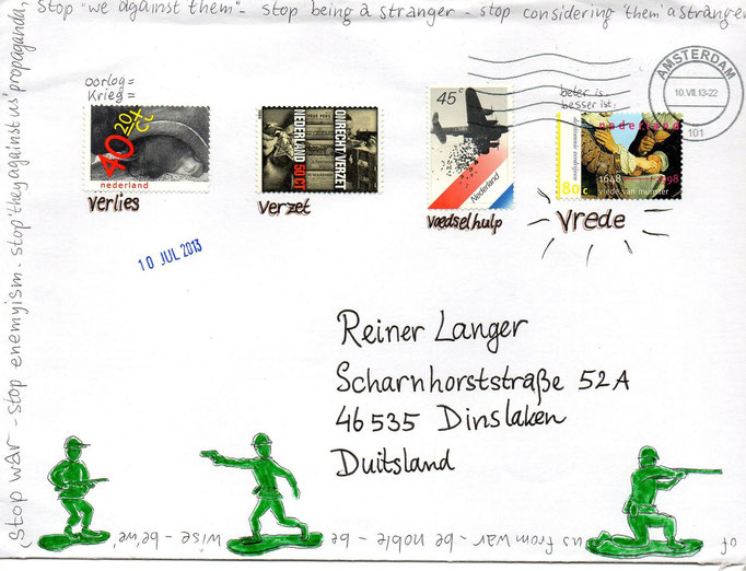 Eingehende MAIL - ART Projekt AGAINST " WAR " by Reiner Langer   von Heleen de Vaan , Holland 