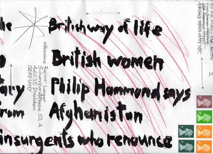 EINGEHENDE MAIL ART PROJEKT " WAR "  Copyright Simon Warren , UK 