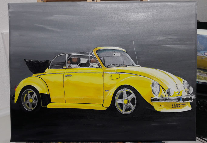 "VW-Käfer Cabrio gelb" Acrylfarbe auf 30x40 cm Keilrahmen