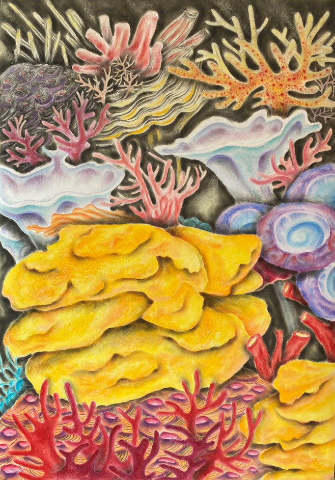 Give me my home back (the coral reef speaks), nr.1, 2023 | 100x70cm | Pastel, Siberisch krijt, geperst houtskool op papier 