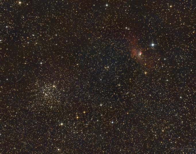 Blasennebel (NGC765) und Kugelsternhaufen M52 im Sternbild Kassiopeija.Entfernung 5000 Lichtjahre. Aufgenommen am 8.9.2014 (Vollmond,..)