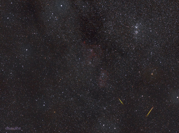 So, mein Bild zur Perseiden-Nacht. Bild zeigt lauter Duette: Einmal den Herz und Seelennebel in Kassiopeia (Mitte) . Oben Rechts die Sternencluster h & x Chi Persei im Sternbild Perseus.. Unten Rechts zwei Sternschnuppen von Perseidenschauer 