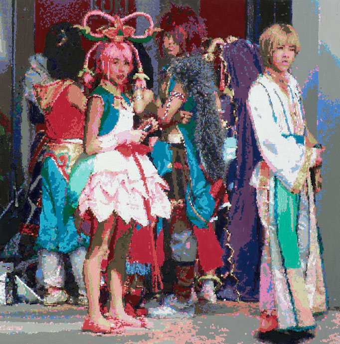 Römer + Römer "Fantasy-Gestalten im Backstage“, 2009, Öl auf Leinwand, 100 x 100 cm