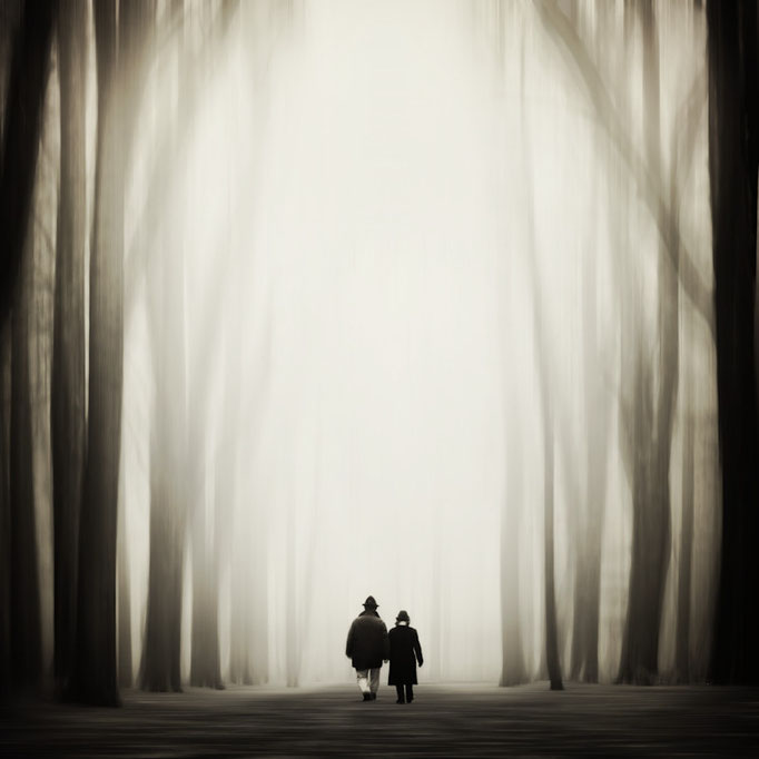 Manuela Deigert Projekte Novemberdays Melancholisches Stimmungsbild von einem herbstlichen abstrakten Wald im Nebel in dem ein Paar spazieren geht