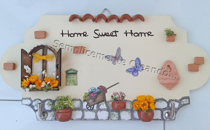 n. 25 Targhetta "Home Sweet Home"  in legno (cm 18 x 9) decoupage/fimo/miniature