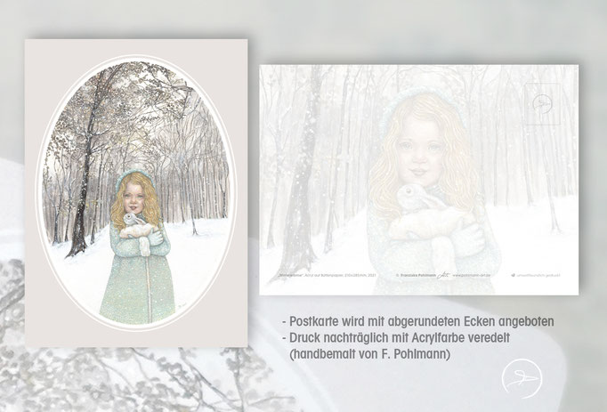 Postkarte "Winterwärme" (300 g/m2 Recyclingpapier, Bilderdruck matt, Digitaldruck, Toner für Lebensmittelverpackungen zertifiziert, nachträglich handbemalt mit Acrylfarbe), A6, Preis: 2,50 Euro zzgl. Versandkosten