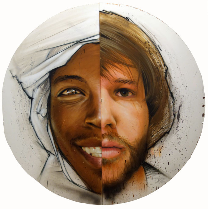 MIDDLE ORANGE BROWN - Jean Rooble - Spraypaint on 2 doors (from Castéja Building) - ø 160 cm (2015)