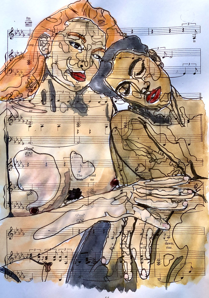Life drawing session met Maud en Milena, 20-08-2022 (aquarel op bladmuziek, 21,2x30)
