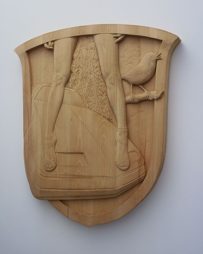 „Wappen von Bleckede“ -  Auftragsarbeit, Entwurf Alex Tennigkeit, Lindenholz, 120 cm