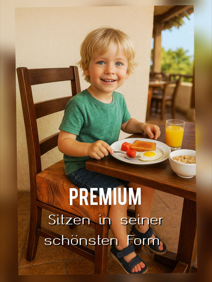 Ein kleiner Junge ist im Urlaub und sitzt auf seiner Stuhl Sitzerhöhung im Hotel Restaurant