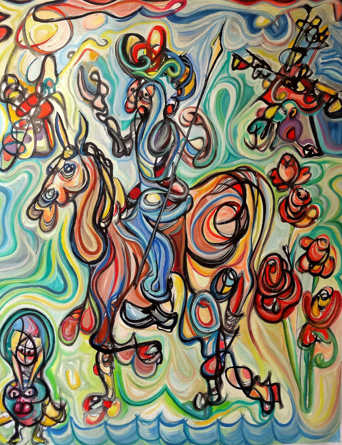 Don Quijote y Sancho en los molinos de viento / Óleo sobre lienzo / 65 x 50 cm / 2017