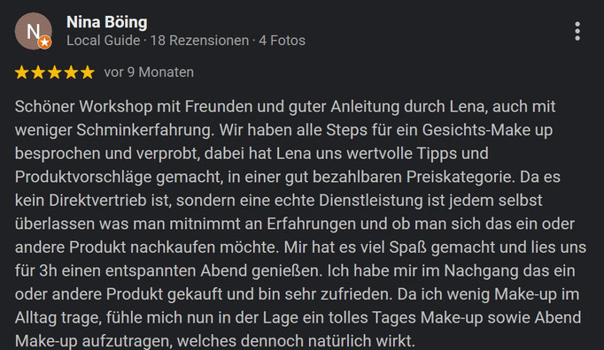 Google-Rezension für Make-up Workshop Gescher – 5 Sterne, Teilnehmerin Nina B.