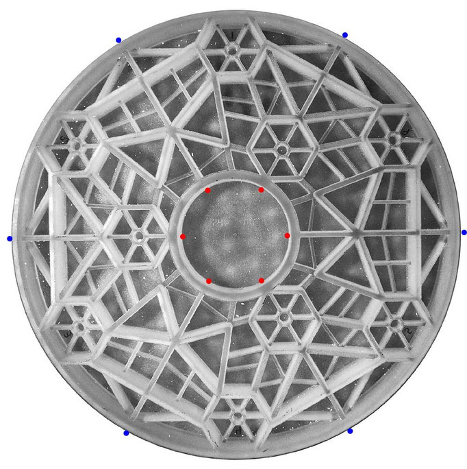 The Dream Cellular 620 mm mirror blank. Notice the three groups of hexagonal cells for flotation pads. Lateral support of the mirror can either be at the center of gravity level on the outer rim (blue dots) or at the COG at the inner rim (red dots).