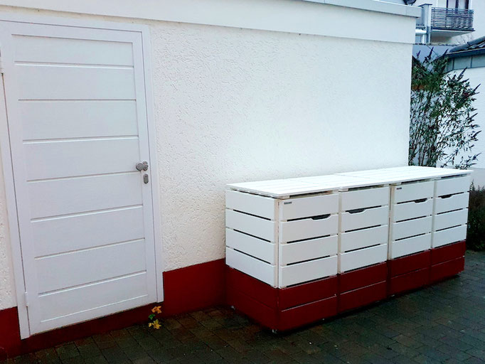 4er Mülltonnenbox / Mülltonnenverkleidung für kleine Mülltonnen, Oberfläche: zweifarbig in Weiß + Rot