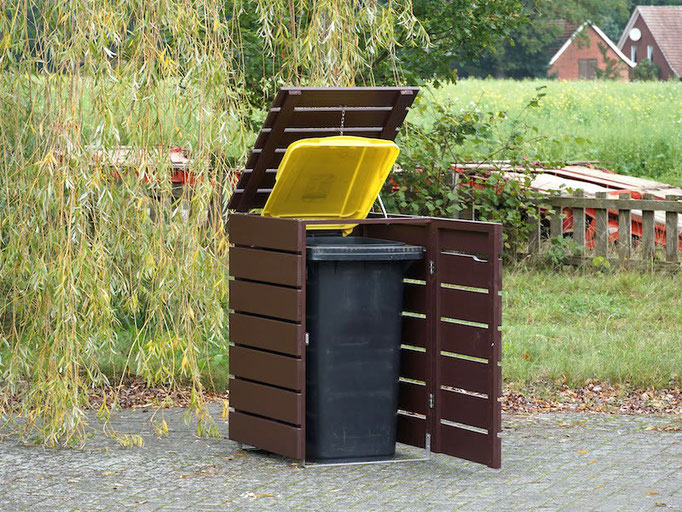 1er Mülltonnenbox Edelstahl / Holz, Oberfläche: Dunkelbraun / Schokoladenbraun (RAL 8017)
