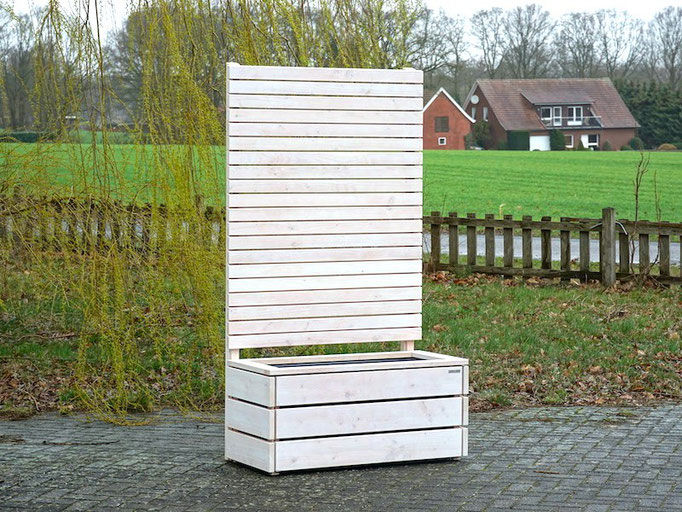 Pflanzkasten Holz mit Sichtschutz, Länge: 112 cm, Höhe: 200 cm, Oberfläche: Transparent Weiß