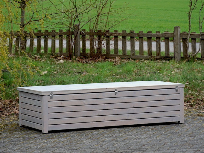 Rückseite Auflagenbox / Kissenbox / Gartenbox aus Holz, Oberfläche: Transparent Grau