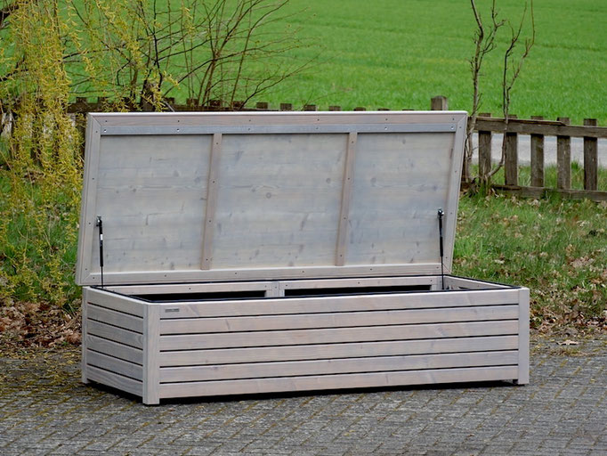 Große Auflagenbox / Kissenbox / Gartenbox aus Holz, Oberfläche: Transparent Grau