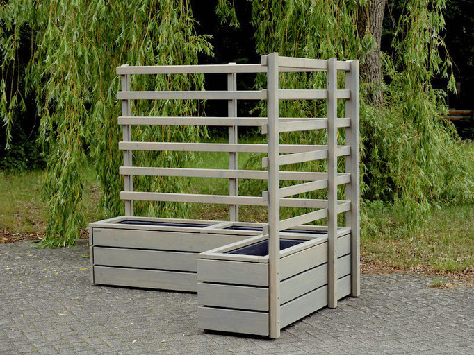 Pflanzkasten Holz Ecke mit Rankgitter / Spalier, Oberfläche: Transparent Grau