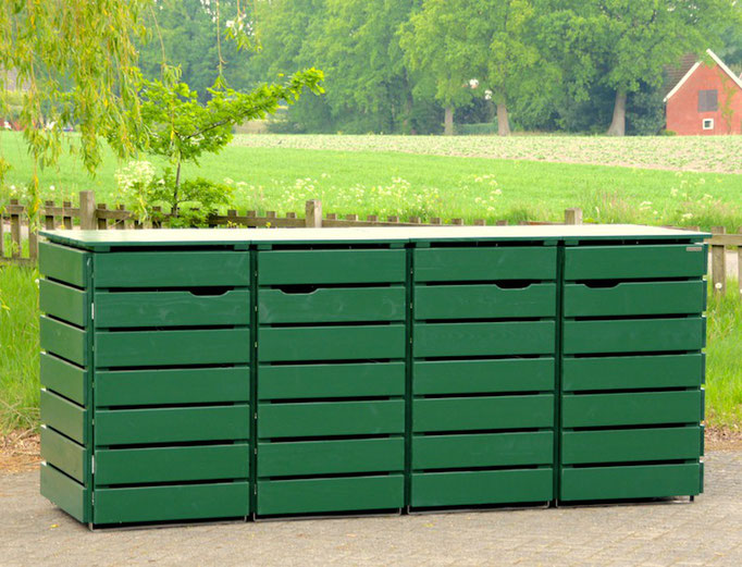 4er Mülltonnenbox / Mülltonnenverkleidung Holz, Oberfläche: Tannengrün (RAL 6009)