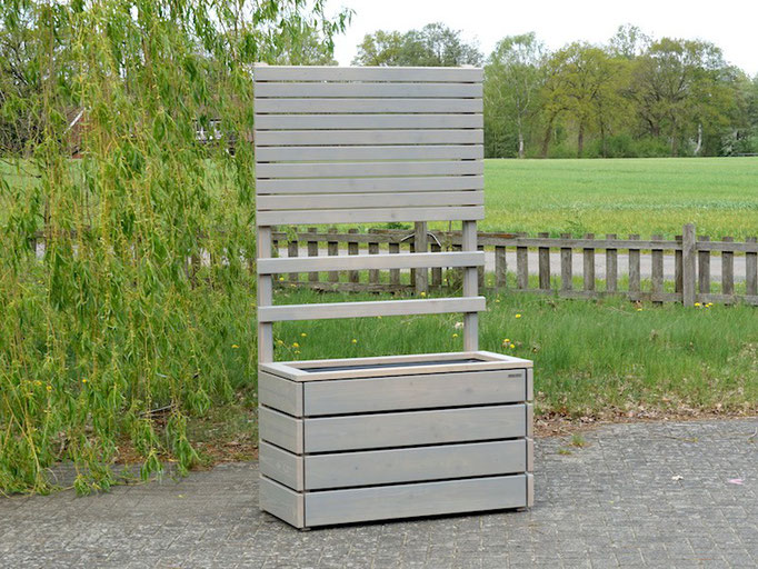 Pflanzkasten Holz L mit Rankgitter / Spalier + Sichtschutz, Maße: 112 x 55 x 200 cm, Oberfläche: Transparent Grau