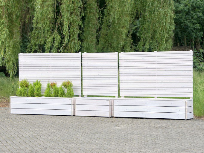 Pflanzkasten Holz mit Sichtschutz, Länge: 112 cm & 212 cm, Höhe: 180 cm, Oberfläche: Transparent Weiß