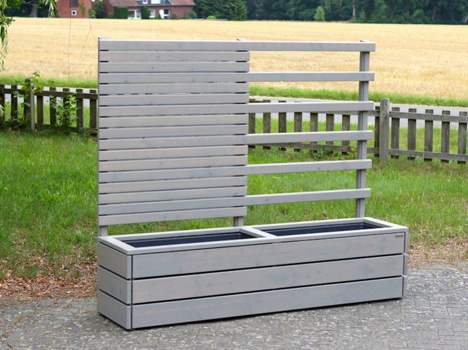 Pflanzkasten Holz Lang L mit Sichtschutz / Rankgitter "halb&halb", Oberfläche: Transparent Grau
