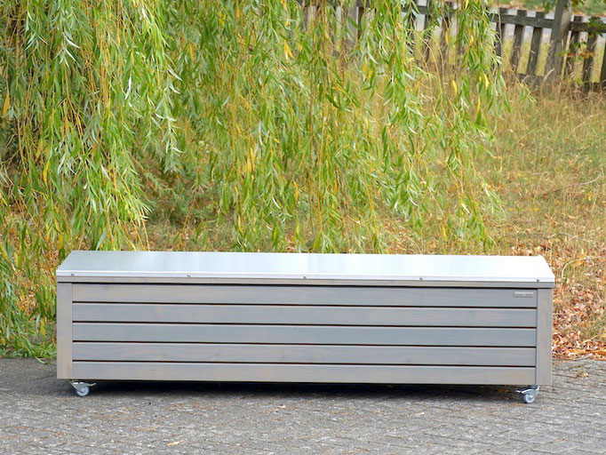 Truhenbank / Sitztruhe nach Maß Holz mit Edelstahl - Deckel, Oberfläche: Transparent Grau