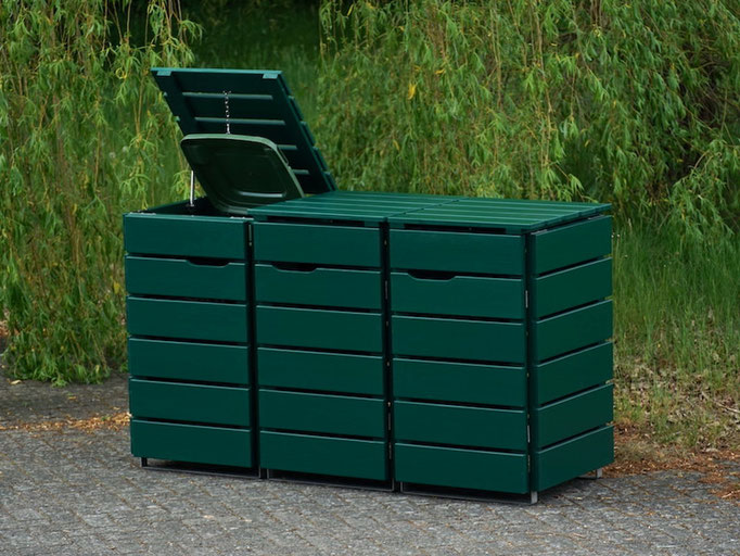 Mülltonnenbox für drei kleine Mülltonnen, Farbe: RAL 6005 Moosgrün