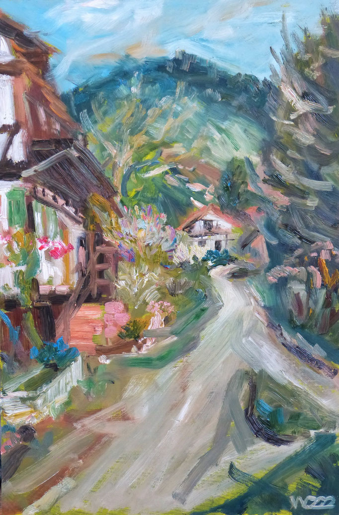 Bergstrasse  - 40 x 60 cm  Ölfarbe, 3mm MDF-Platte  60.00€