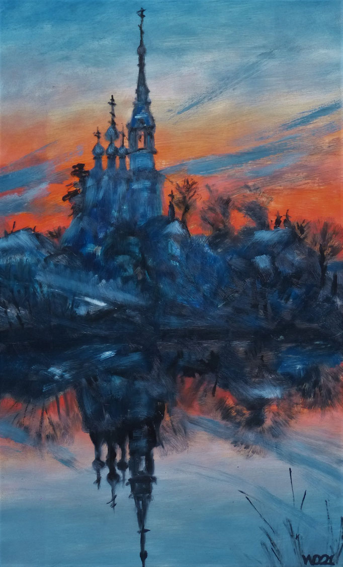 Kloster im Abendlicht  - 37 x 60 cm  Ölfarbe, 3mm MDF-Platte  120.00€