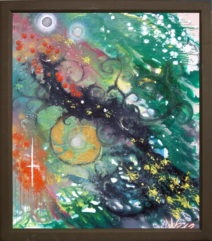 NEBULA GREEN - 52 x 59 cm (mit Rahmen ) Acrylfarbe, selbstgemischte Acrylfarbe, Strukturpaste auf Hartfaserplatte.  90.00 €