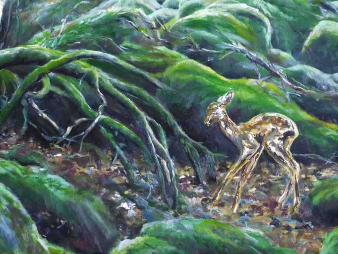 Bambi auf Heimatreise oder Zurück zu den Wurzeln  -  50 x 70 cm  Öl auf 3mm MDF-Platte    230.00 €