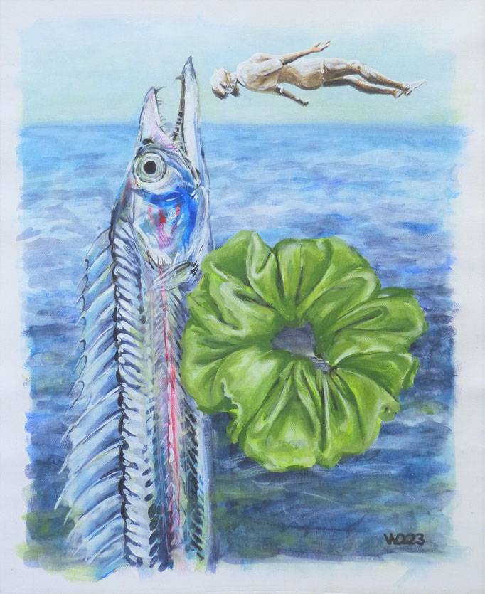 Haargummi und Riemenfisch - 44 x 54 cm  Acrylfarbe auf Leinwand   